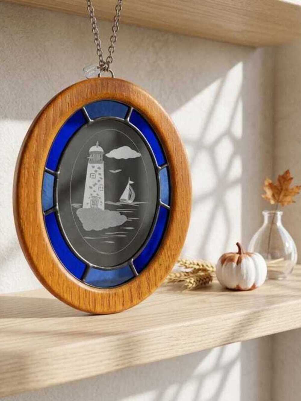 Vintage Oval Etched Glass Lighthouse Suncatcher with Wooden Frame